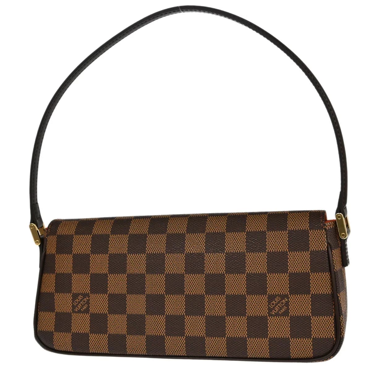 Brown checked-canvas handbag with leather trim, rolled handles and a flap closure.