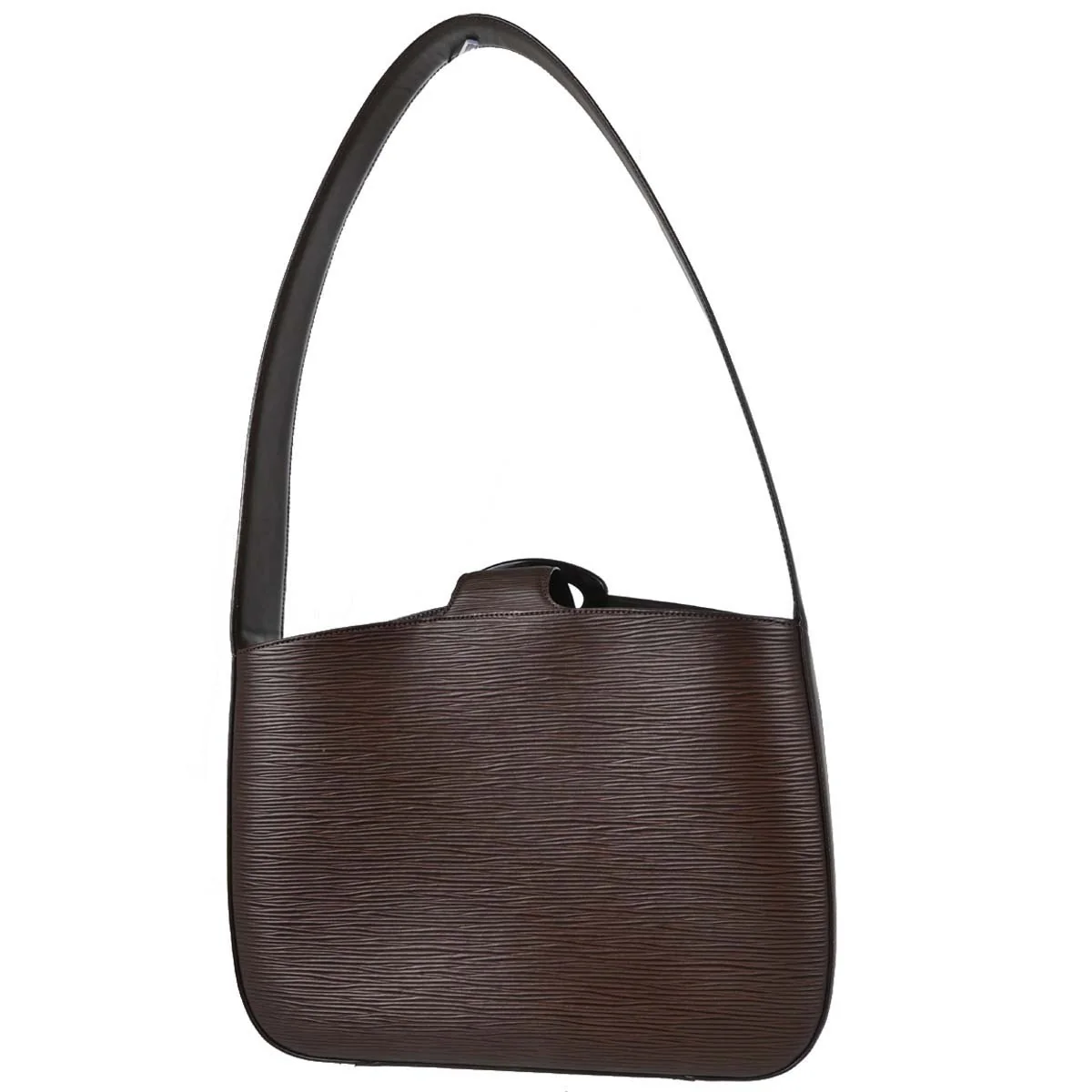 Brown textured leather shoulder bag with a slim strap and a flap front.
