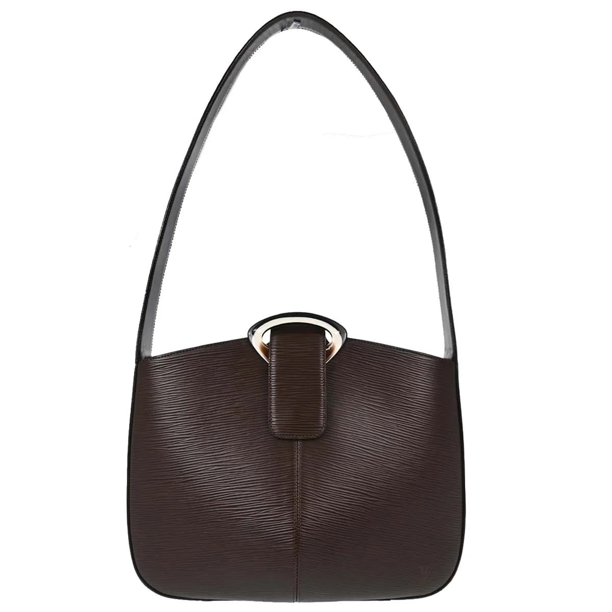 Brown textured leather shoulder bag with a slim strap and a flap front.