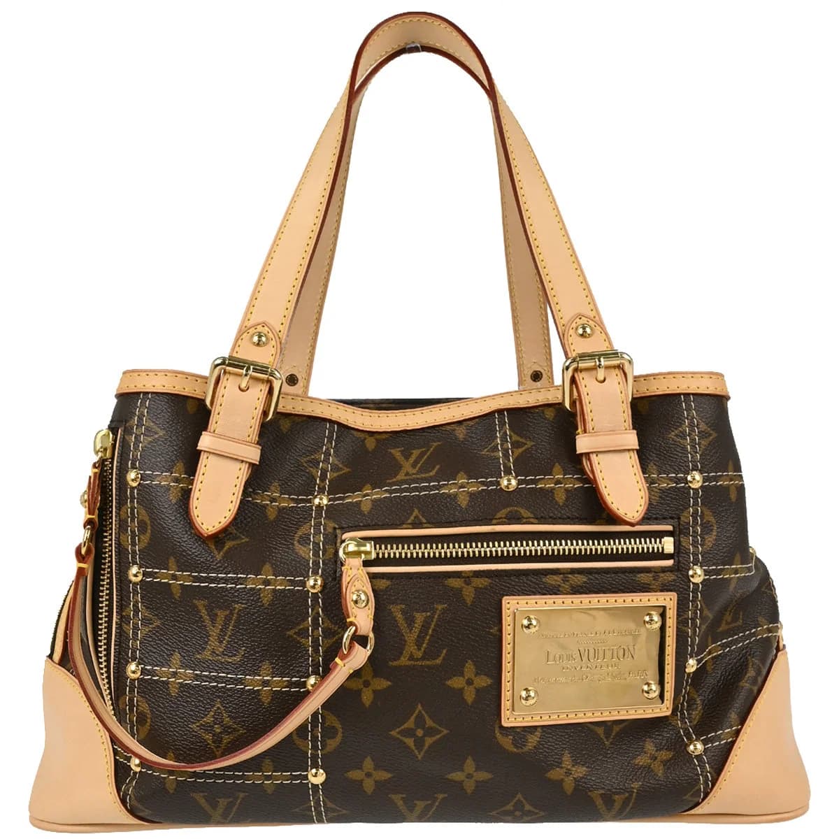 Brown monogram canvas handbag with rolled leather handles and front pockets.