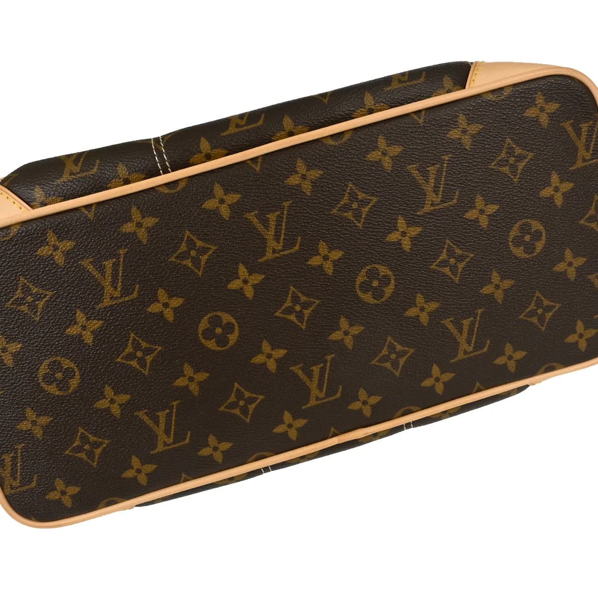Brown monogram canvas handbag with rolled leather handles and front pockets.