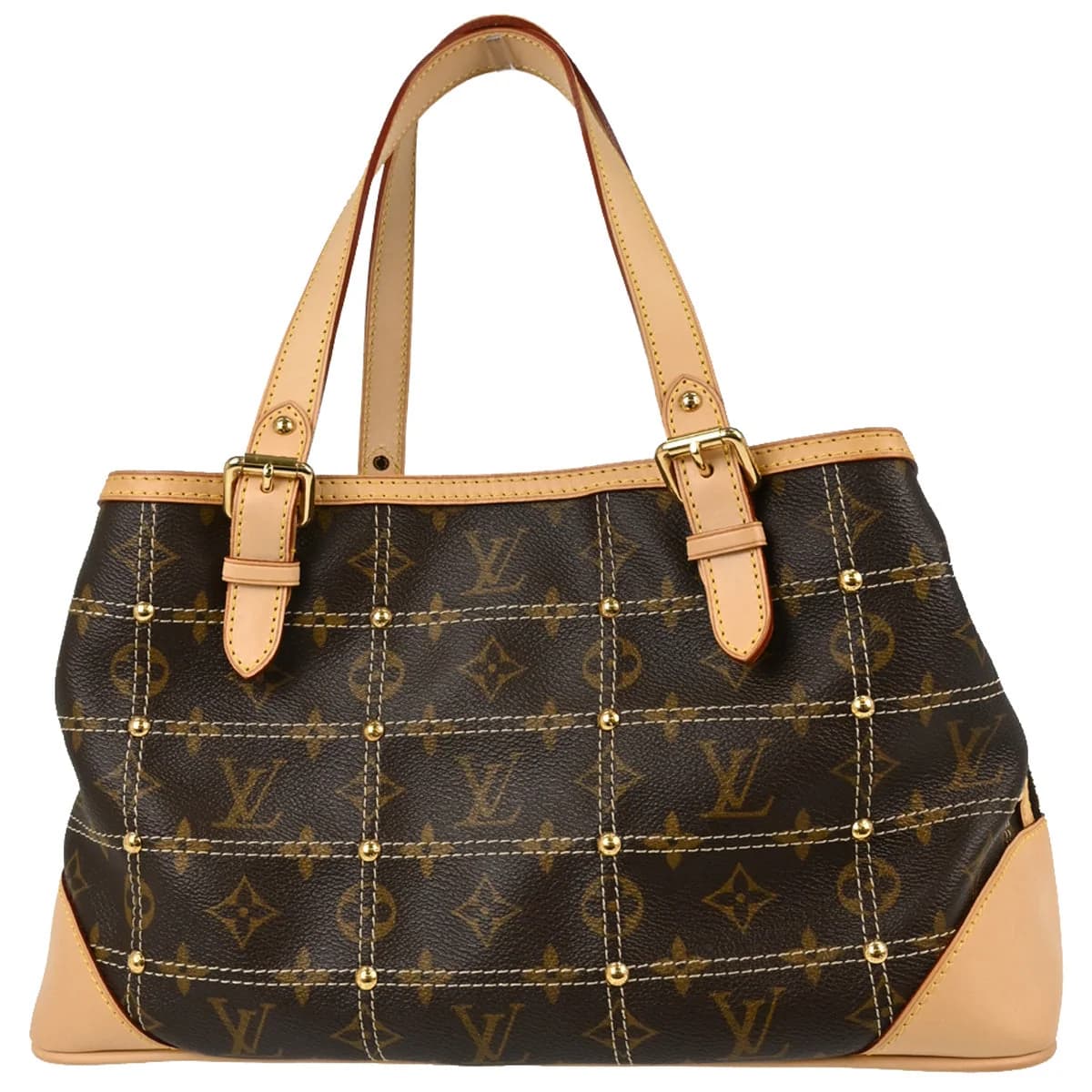 Brown monogram canvas handbag with rolled leather handles and front pockets.