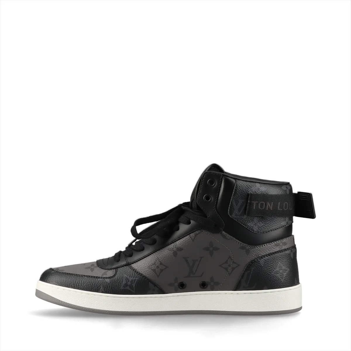 Black and grey high-top sneakers with a monogram-patterned upper, velcro strap and white sole.