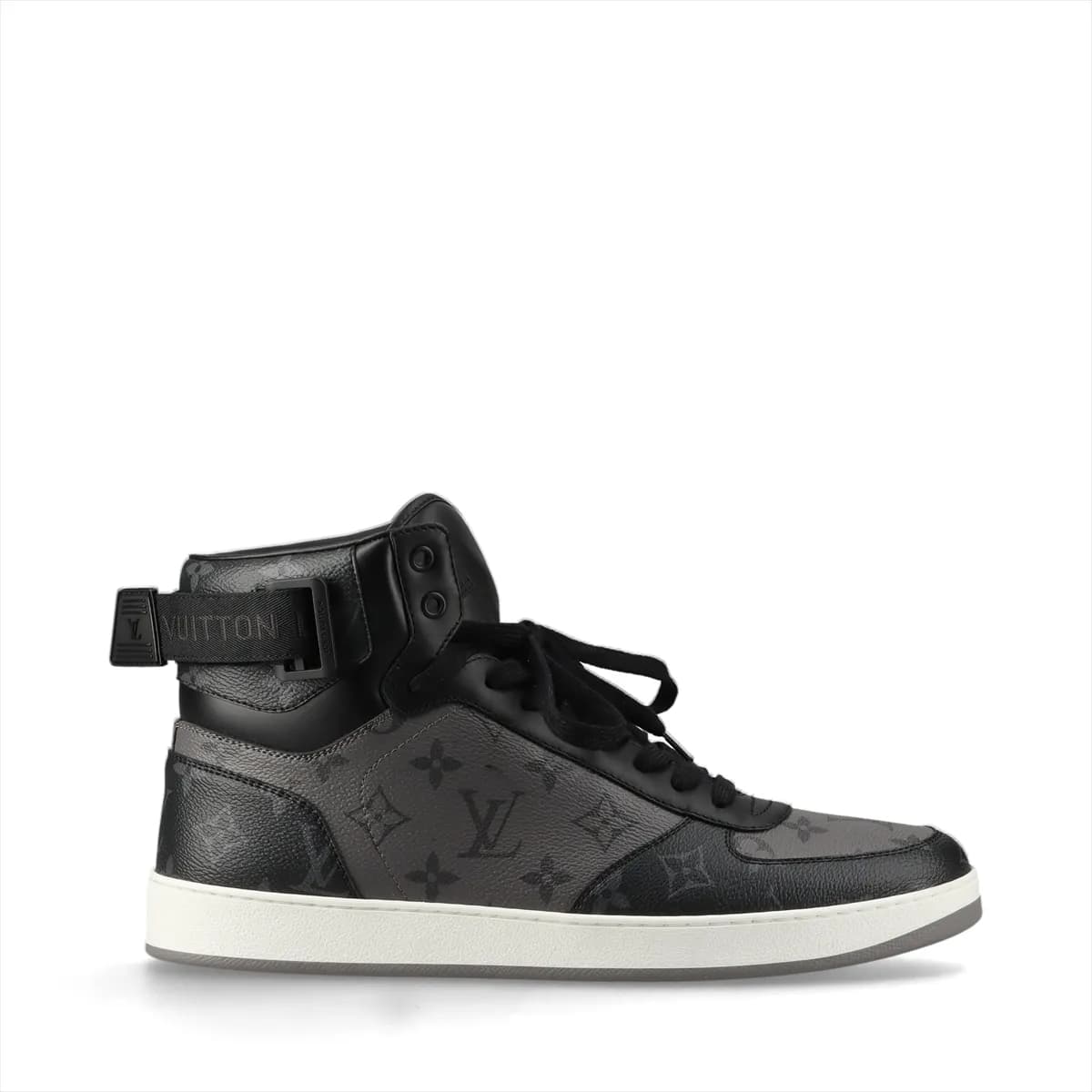 Black and grey high-top sneakers with a monogram-patterned upper, velcro strap and white sole.