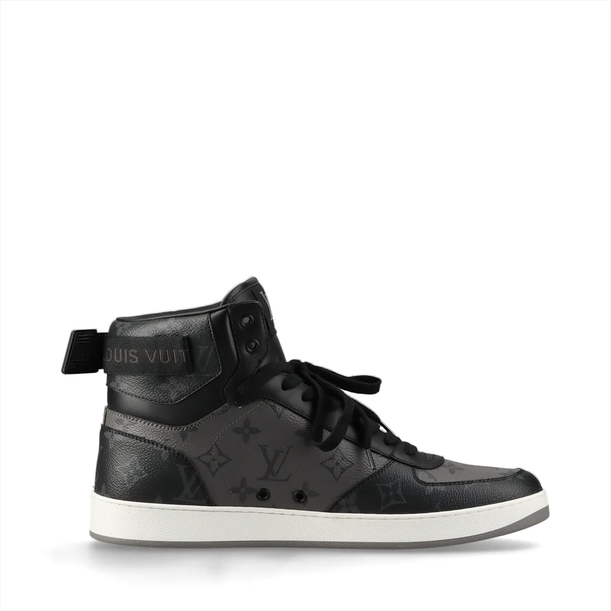 Black and grey high-top sneakers with a monogram-patterned upper, velcro strap and white sole.