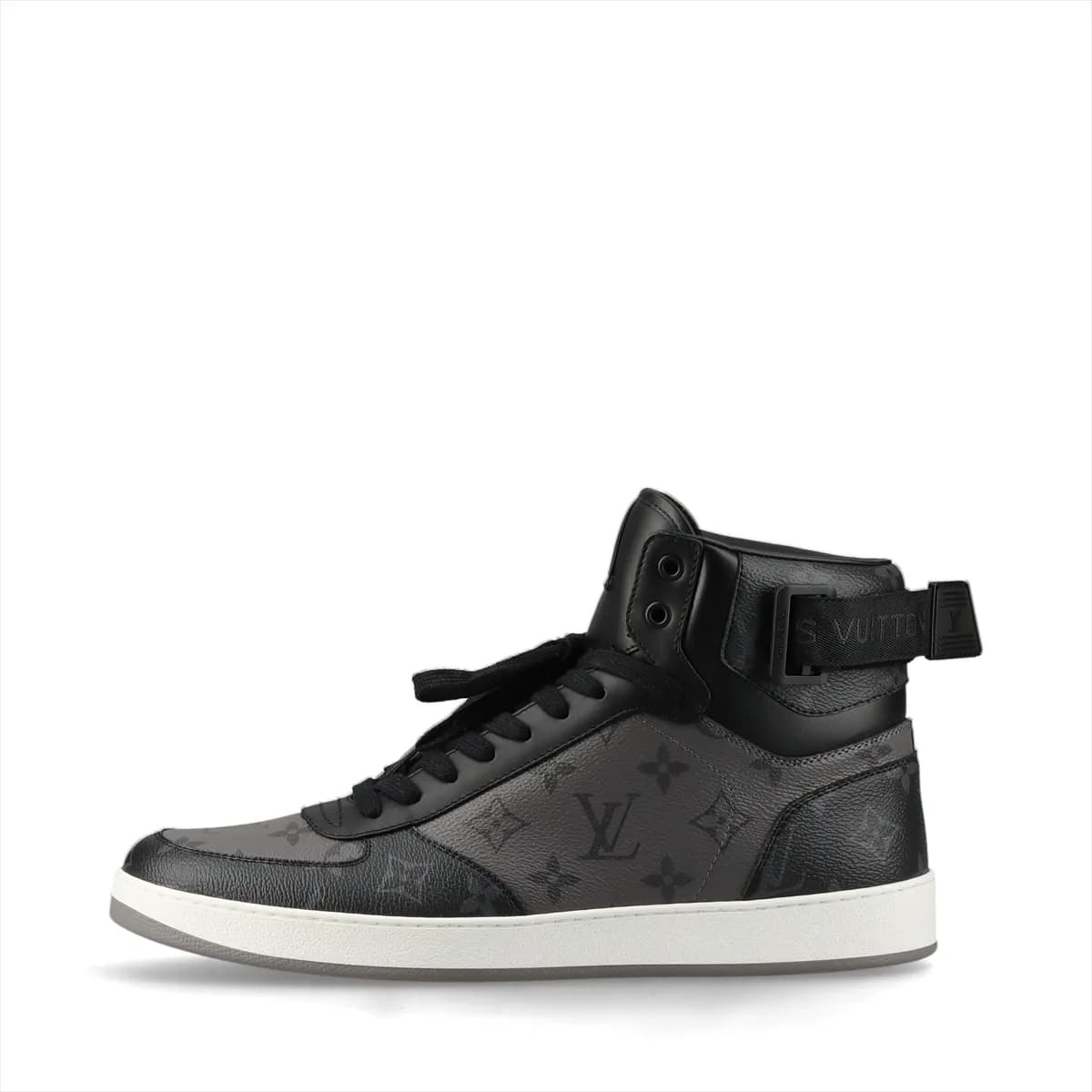 Black and grey high-top sneakers with a monogram-patterned upper, velcro strap and white sole.