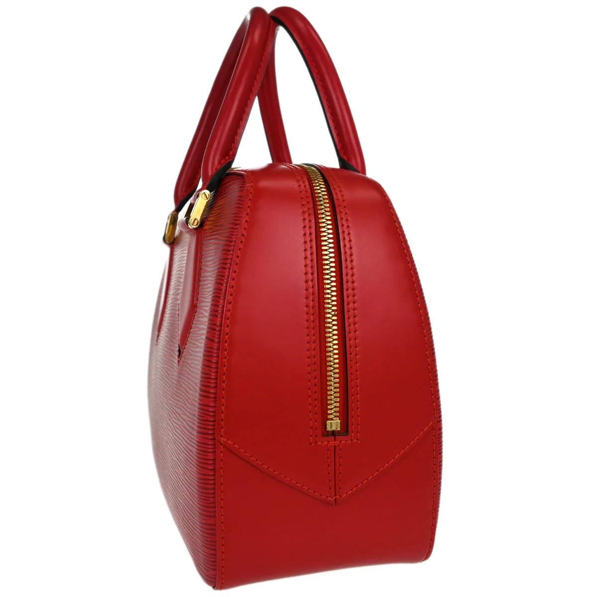 Small structured red textured-leather handbag with short handles and a flap top.