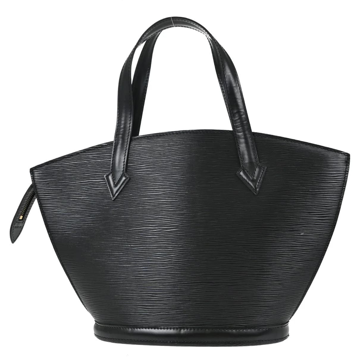 Black textured leather tote bag with two rolled handles and open top.