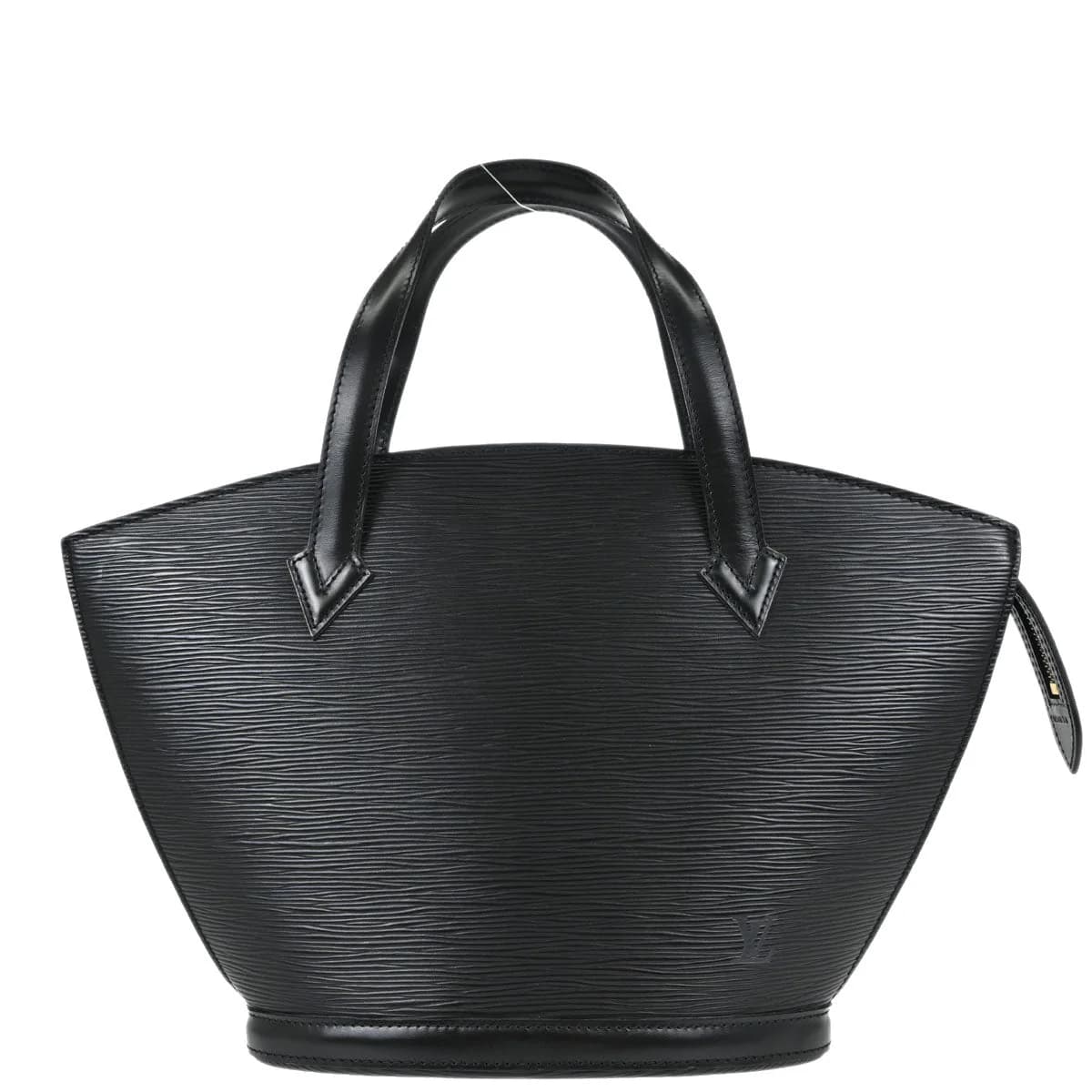 Black textured leather tote bag with two rolled handles and open top.
