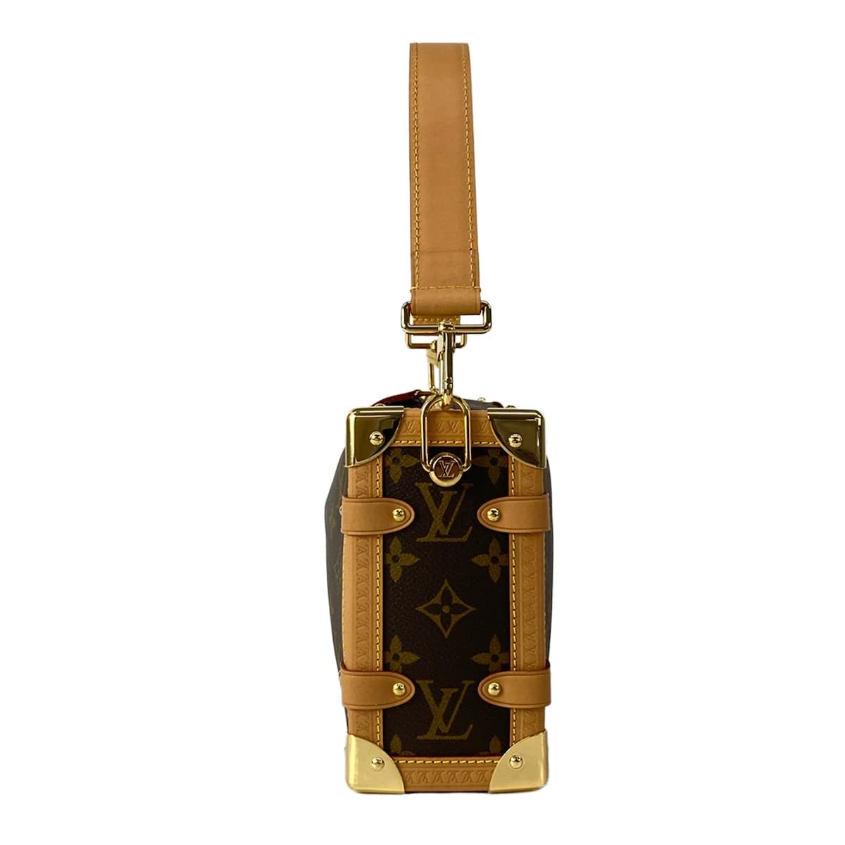 Rectangular trunk-shaped canvas bag with a top handle and detachable strap