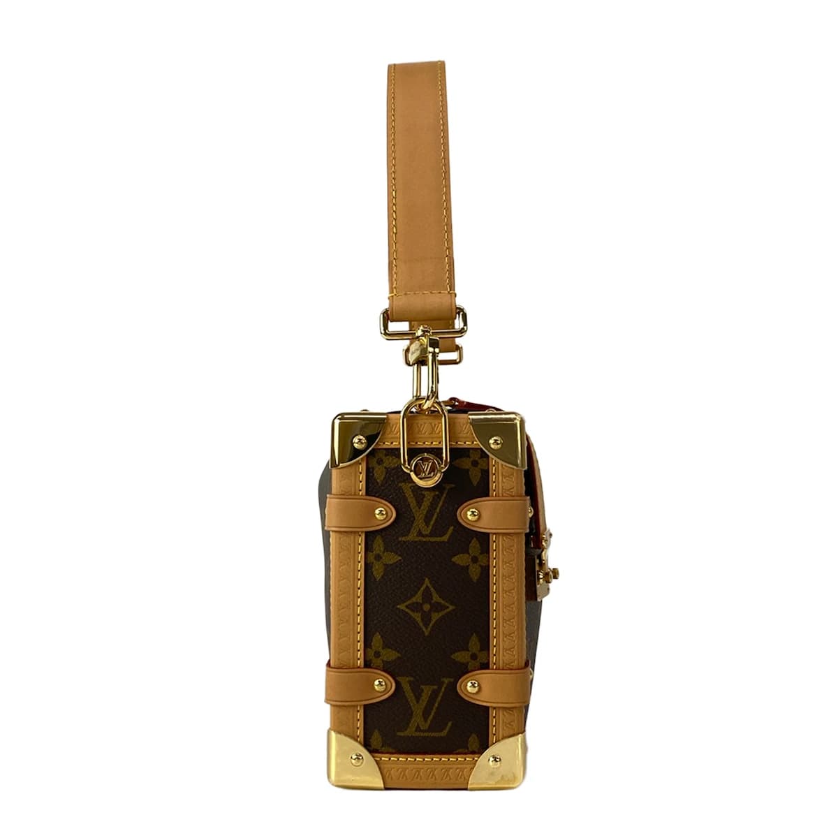 Rectangular trunk-shaped canvas bag with a top handle and detachable strap