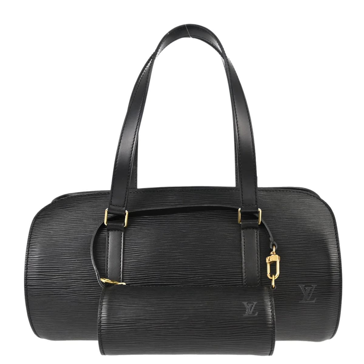 Black textured leather handbag with two rolled handles and gold-tone hardware.