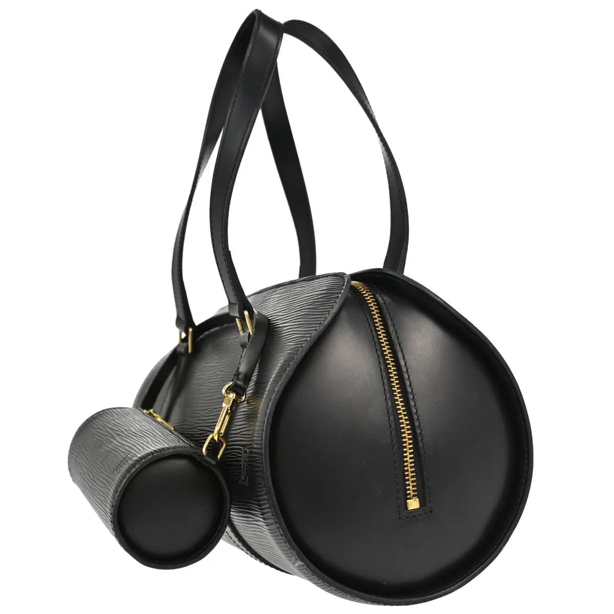 Black textured leather handbag with two rolled handles and gold-tone hardware.