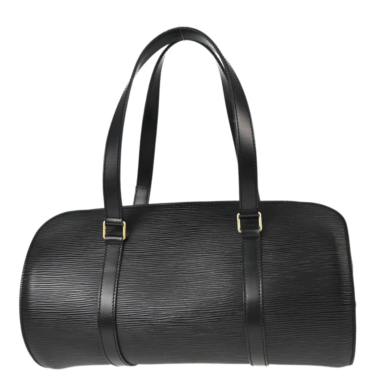 Black textured leather handbag with two rolled handles and gold-tone hardware.