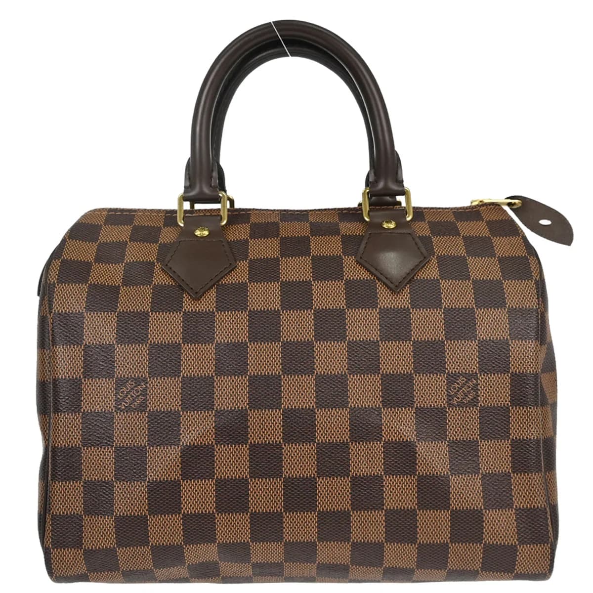 Rounded brown checked canvas handbag with two rolled handles and a zip top.