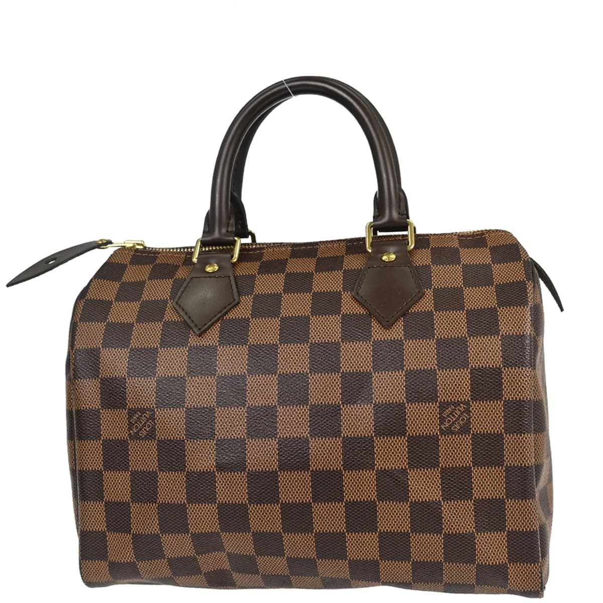 Rounded brown checked canvas handbag with two rolled handles and a zip top.