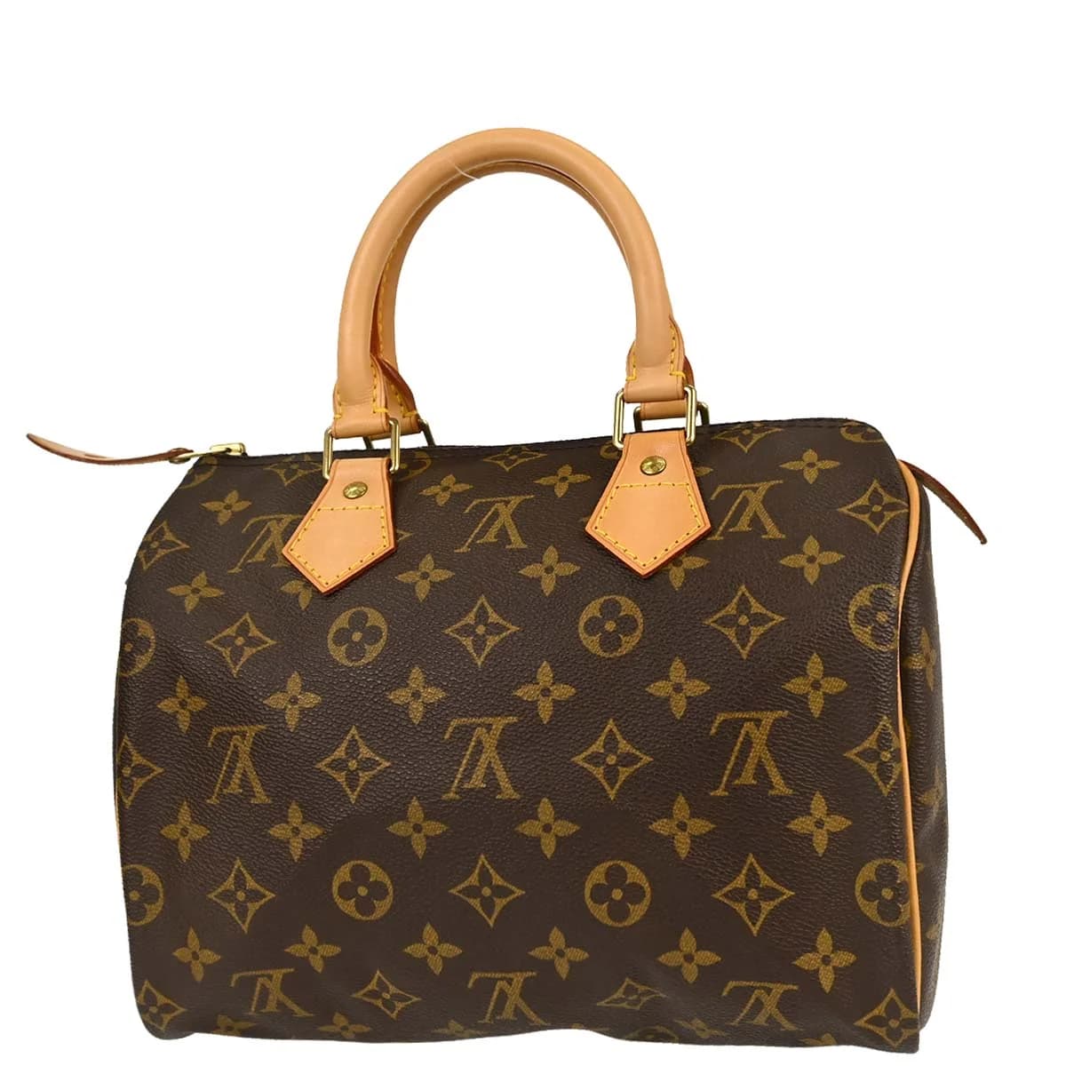 Rounded brown monogram canvas handbag with two short handles and a top zip.
