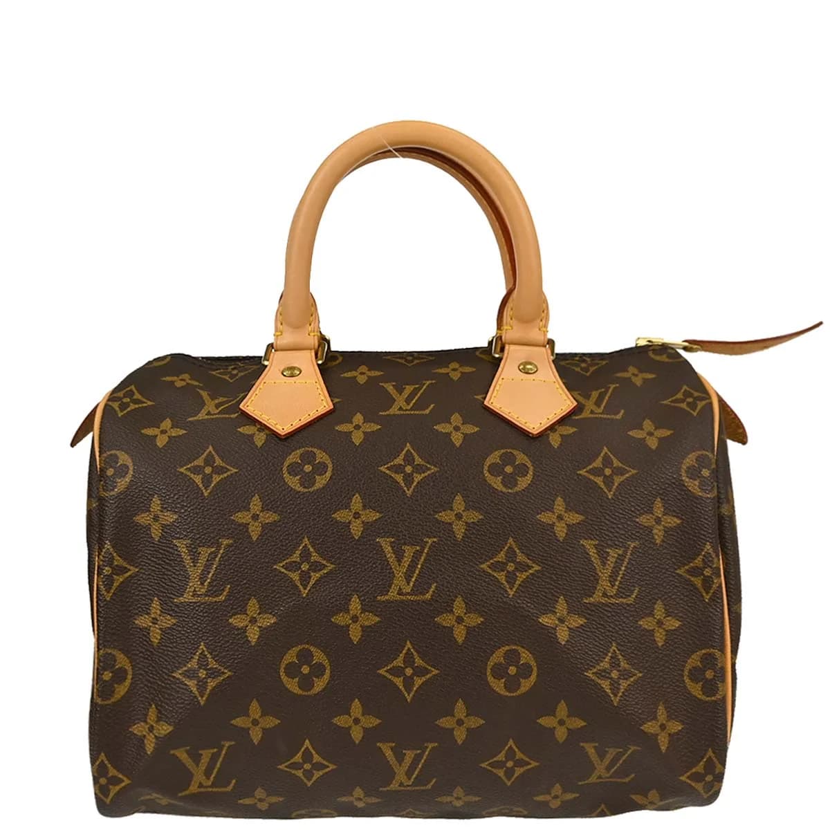 Rounded brown monogram canvas handbag with two short handles and a top zip.