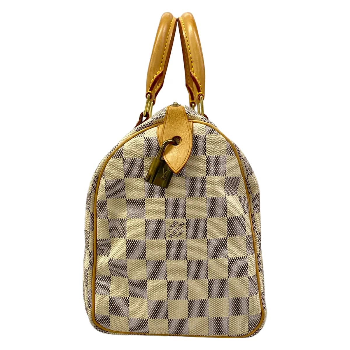 Pale blue and white checked canvas bag with natural leather handles and trim.