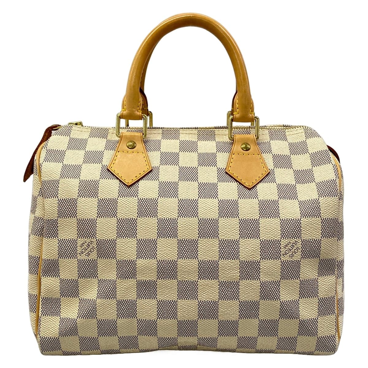 Pale blue and white checked canvas bag with natural leather handles and trim.