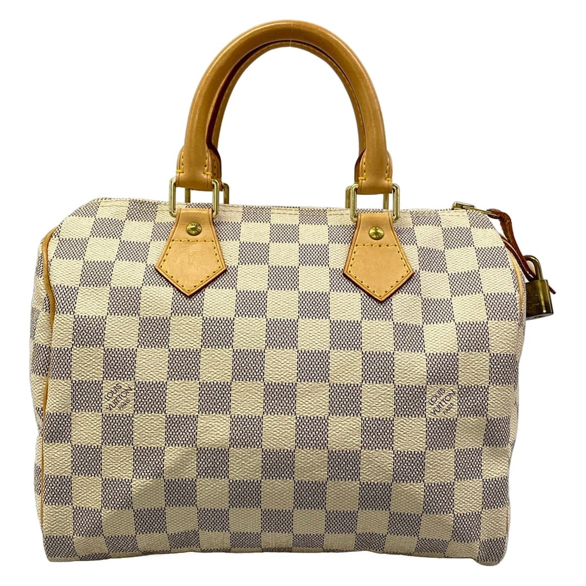 Pale blue and white checked canvas bag with natural leather handles and trim.