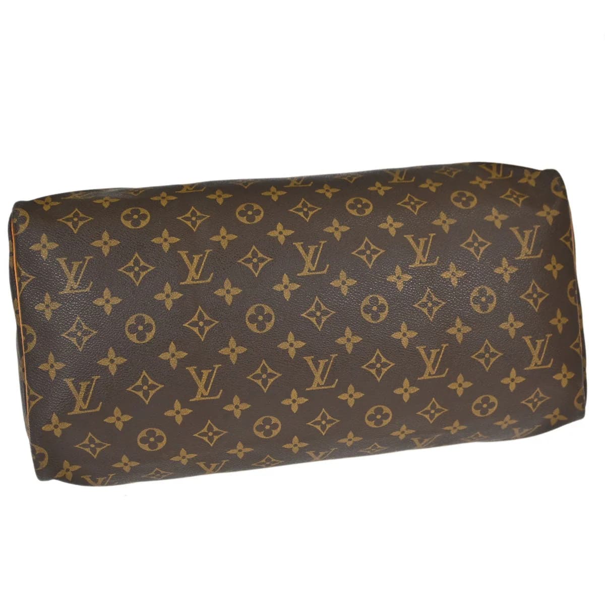 Brown monogram canvas duffle handbag with leather handles and a zip top.
