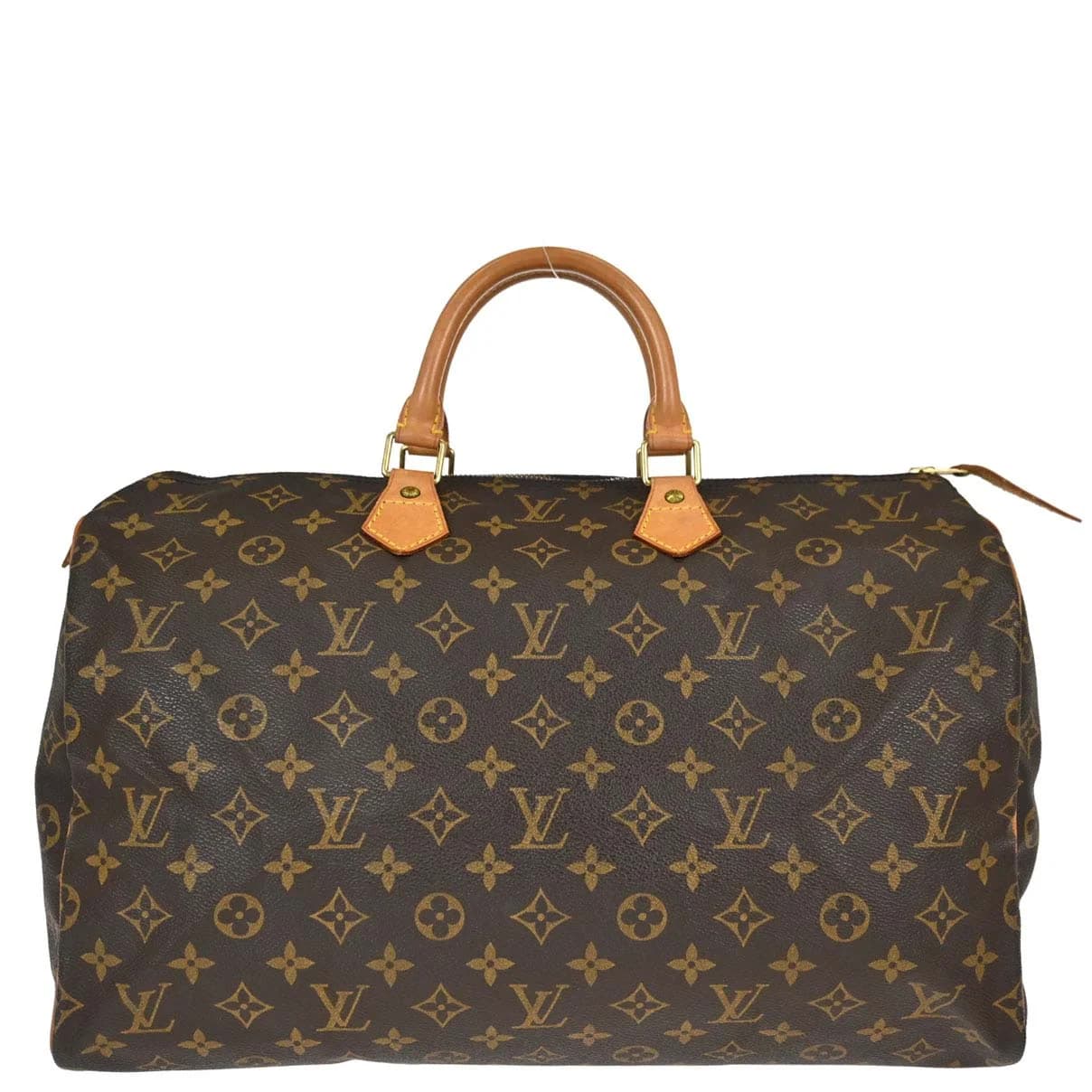 Brown monogram canvas duffle handbag with leather handles and a zip top.