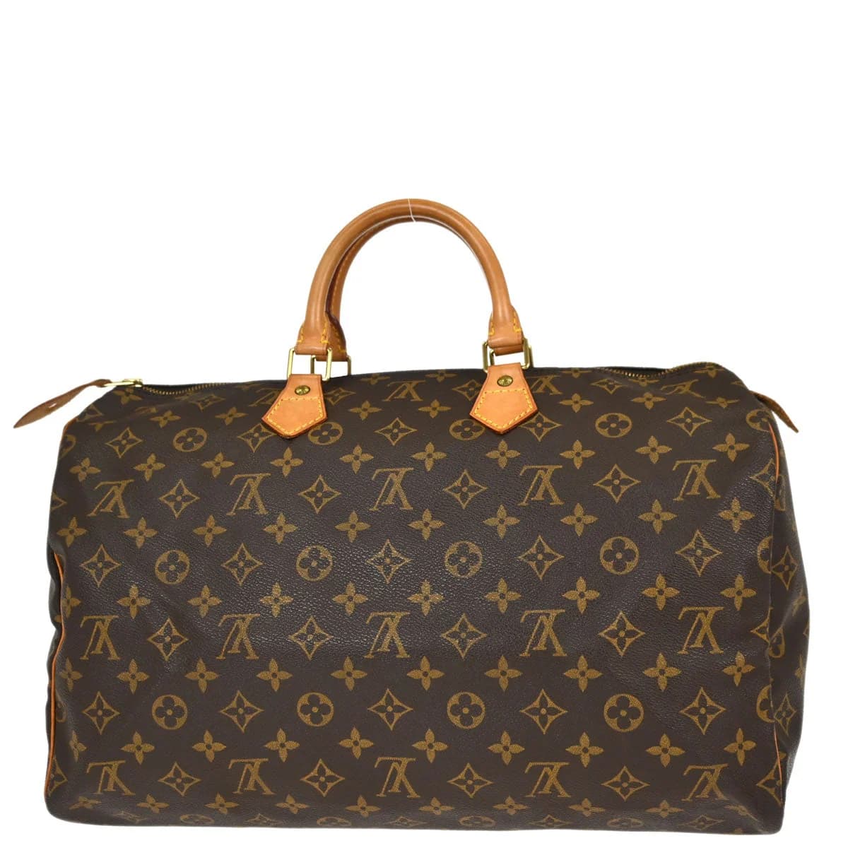 Brown monogram canvas duffle handbag with leather handles and a zip top.
