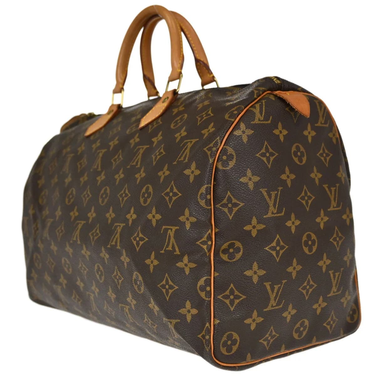 Brown monogram canvas duffle handbag with leather handles and a zip top.