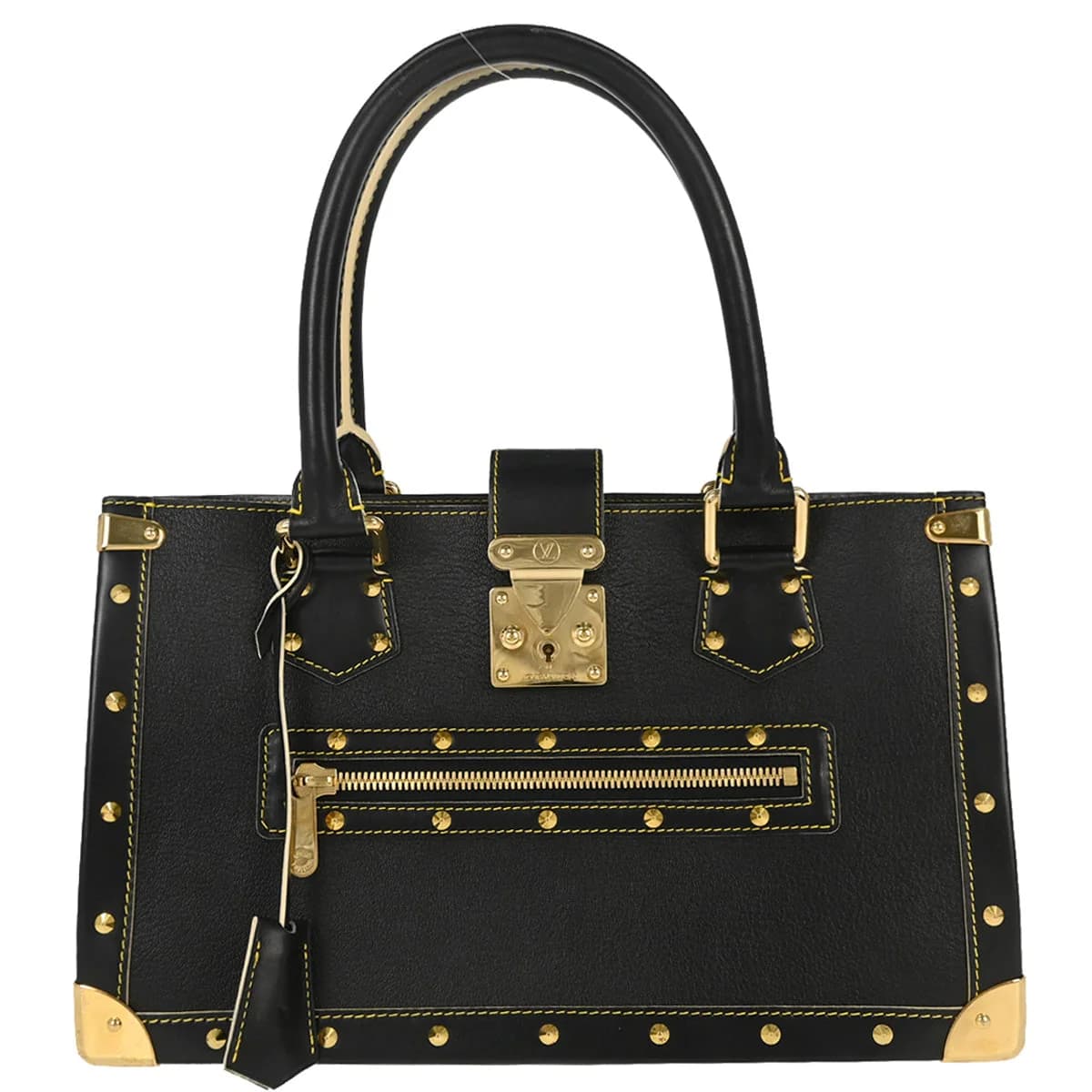 Black textured leather handbag with rolled handles and polished hardware.
