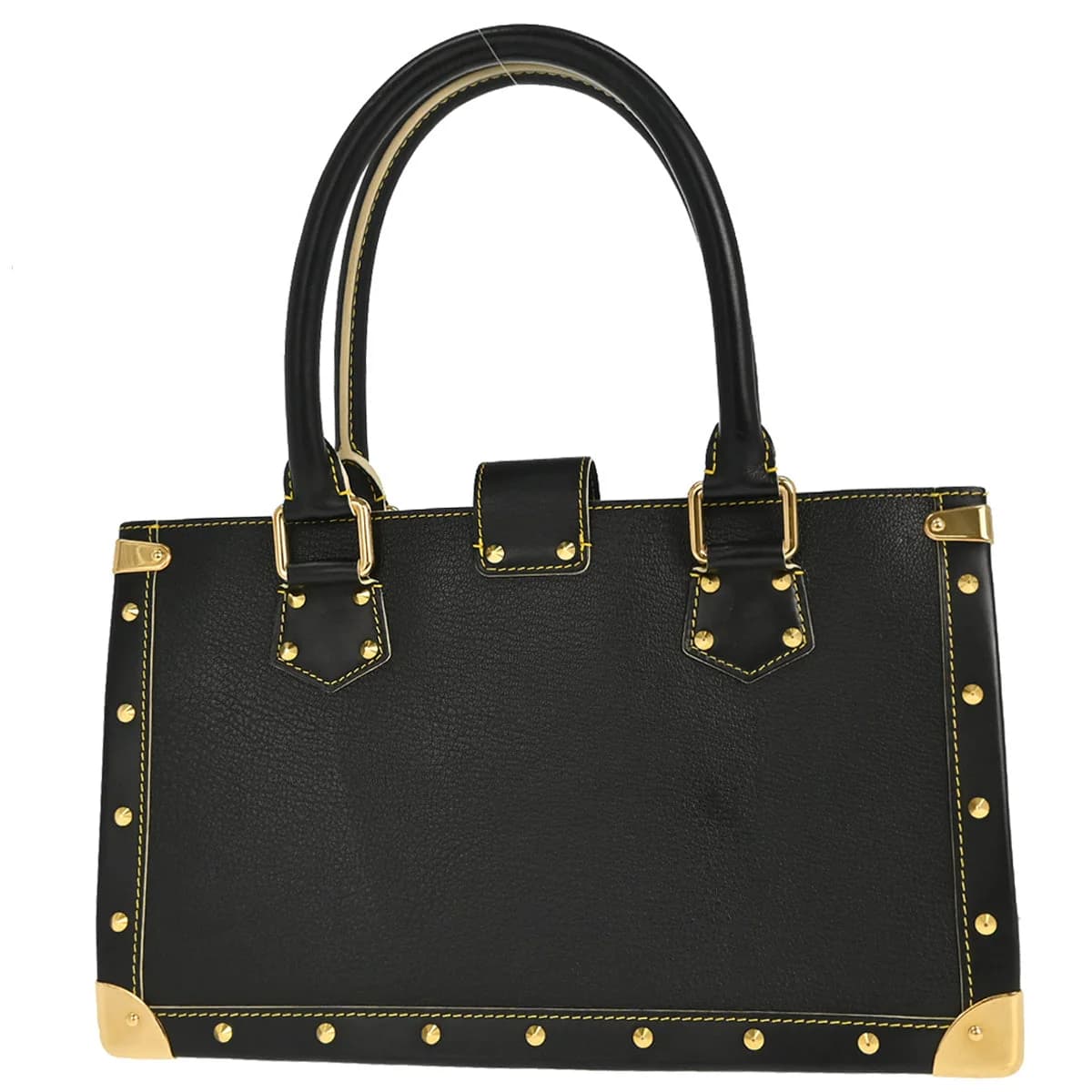 Black textured leather handbag with rolled handles and polished hardware.