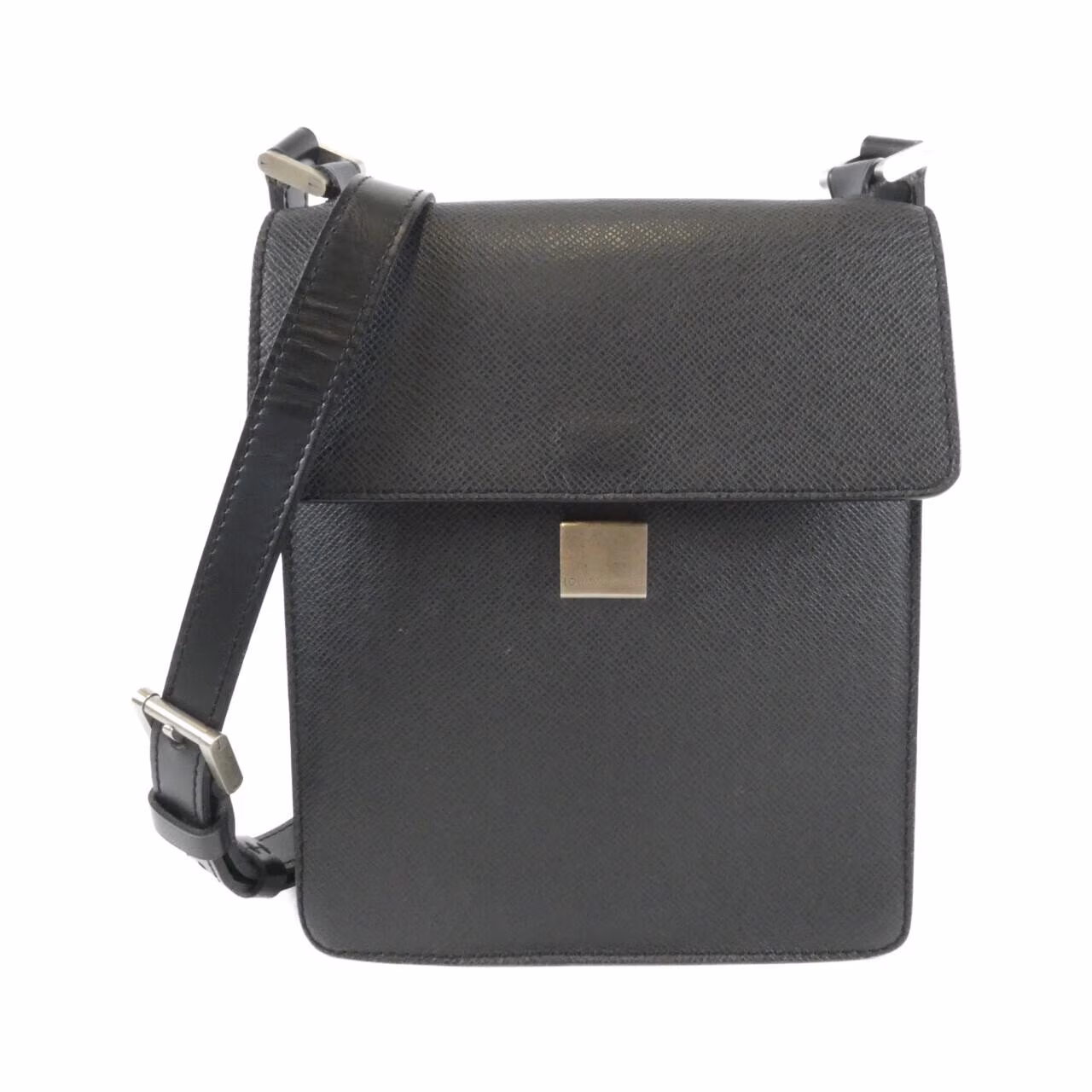 Compact grained leather shoulder bag with slim strap and zip closure.