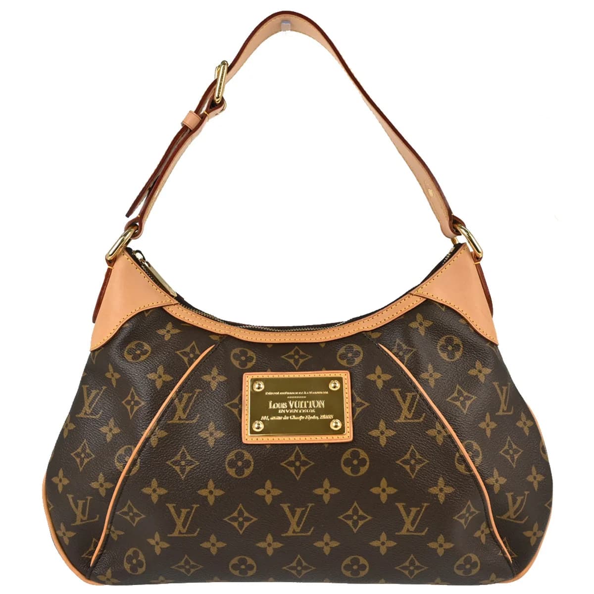 Brown monogram-canvas hobo bag with a single curved shoulder strap.