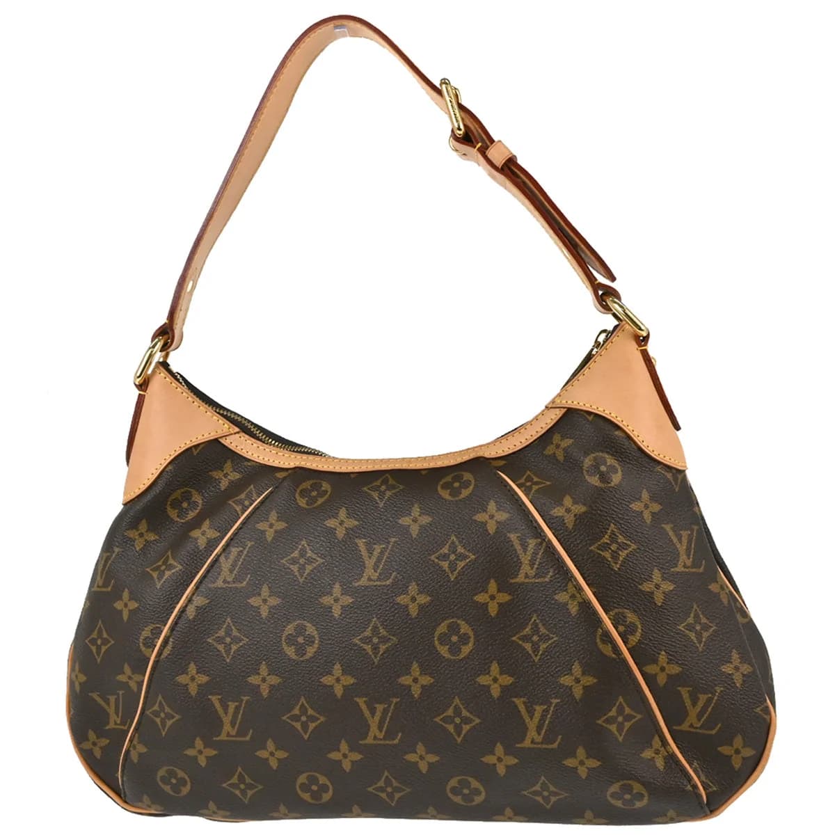 Brown monogram-canvas hobo bag with a single curved shoulder strap.