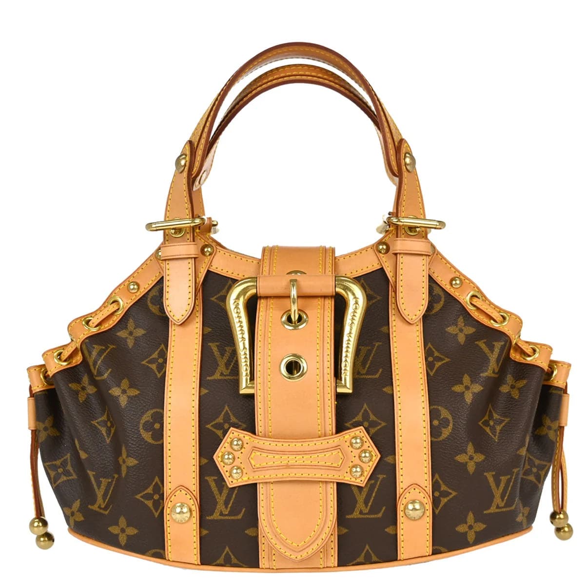 Brown monogram canvas handbag with tanned leather trim and a curved handle.