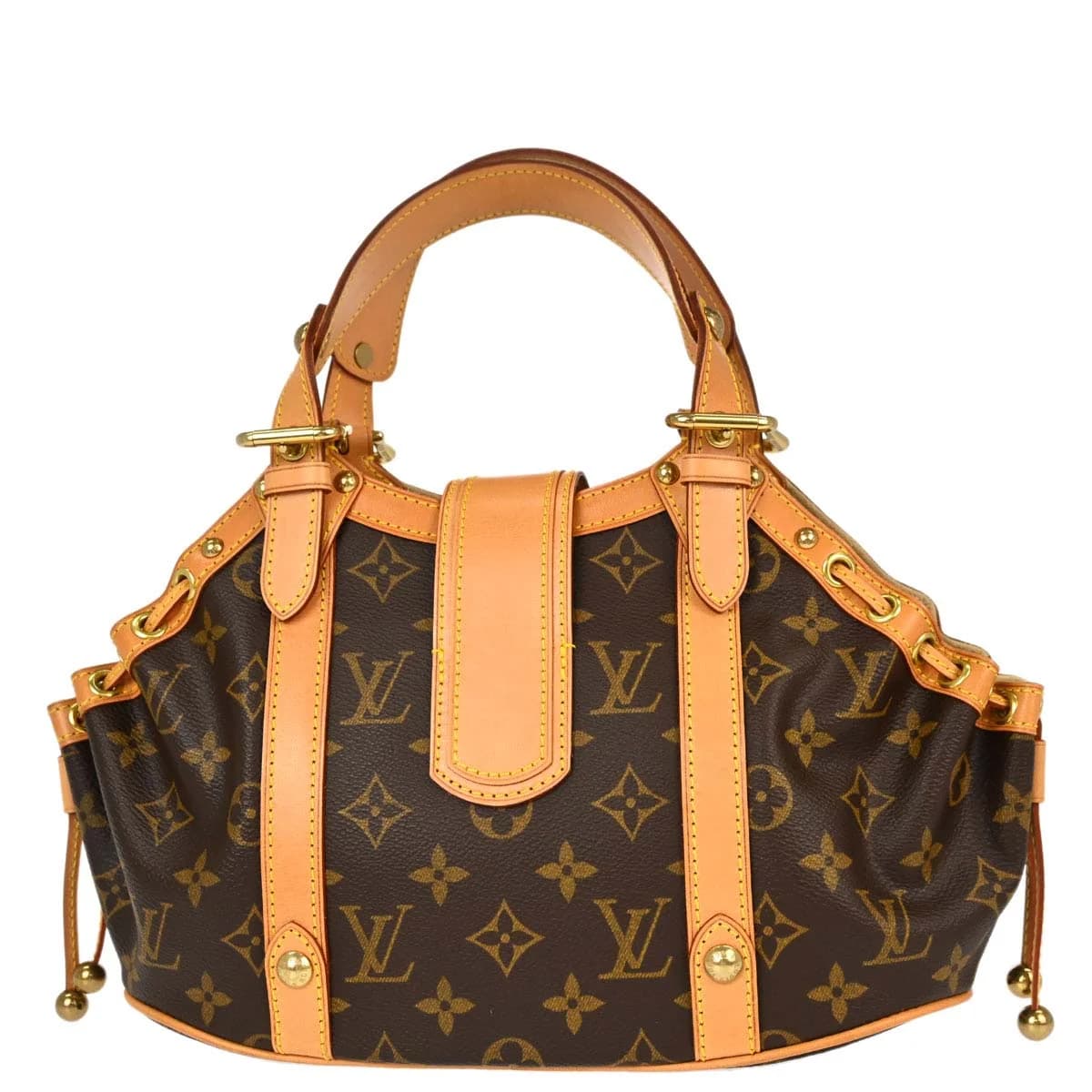 Brown monogram canvas handbag with tanned leather trim and a curved handle.