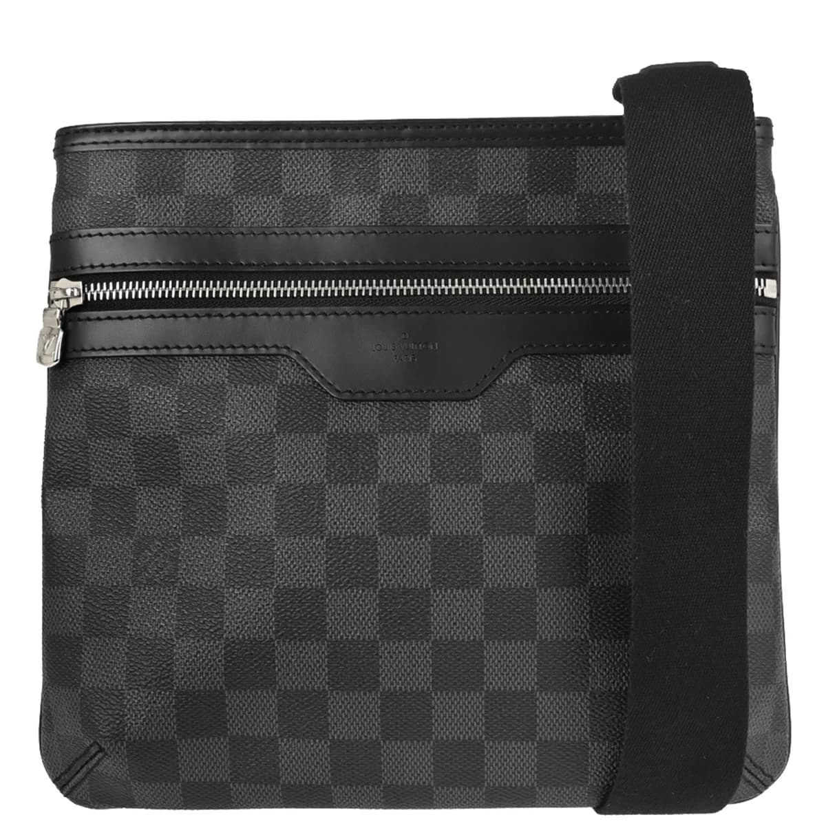 Small black and grey checked canvas crossbody bag with a long adjustable strap.