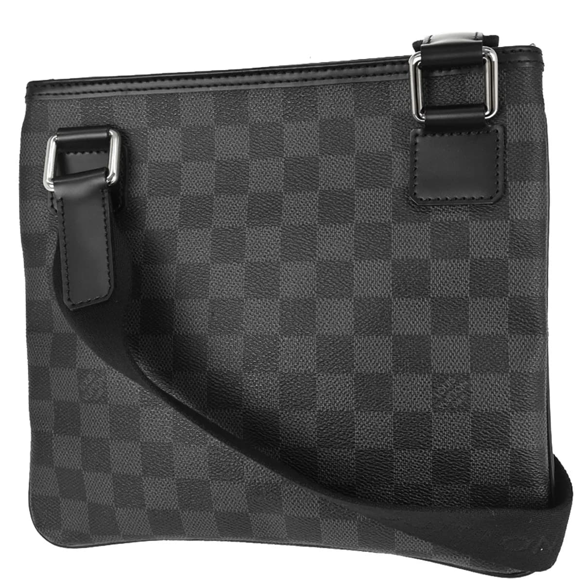 Small black and grey checked canvas crossbody bag with a long adjustable strap.