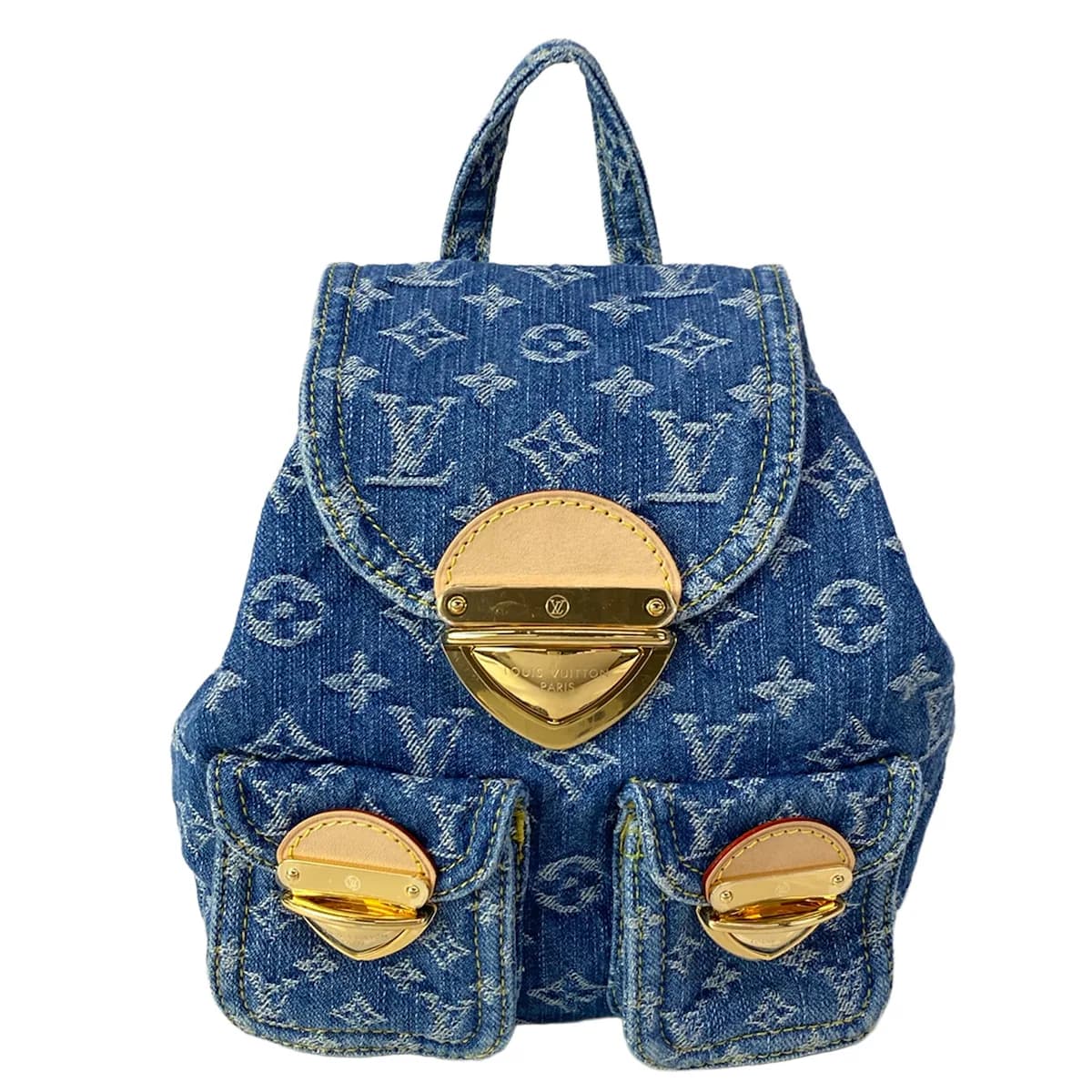 Denim backpack with woven monogram pattern, leather trim and two shoulder straps.