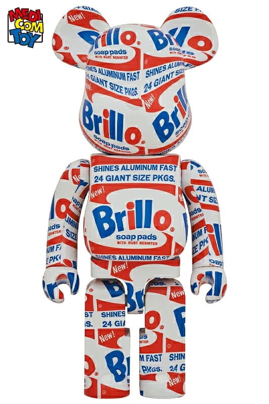 Product photograph of a large bear-shaped figure printed with red, white and blue packaging-style graphics.