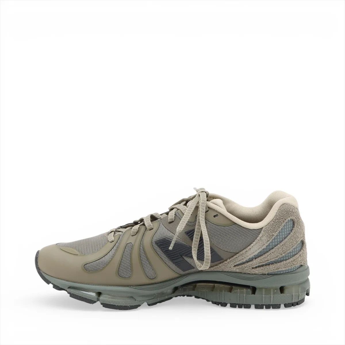 Khaki low-profile sneakers photographed on a plain background.