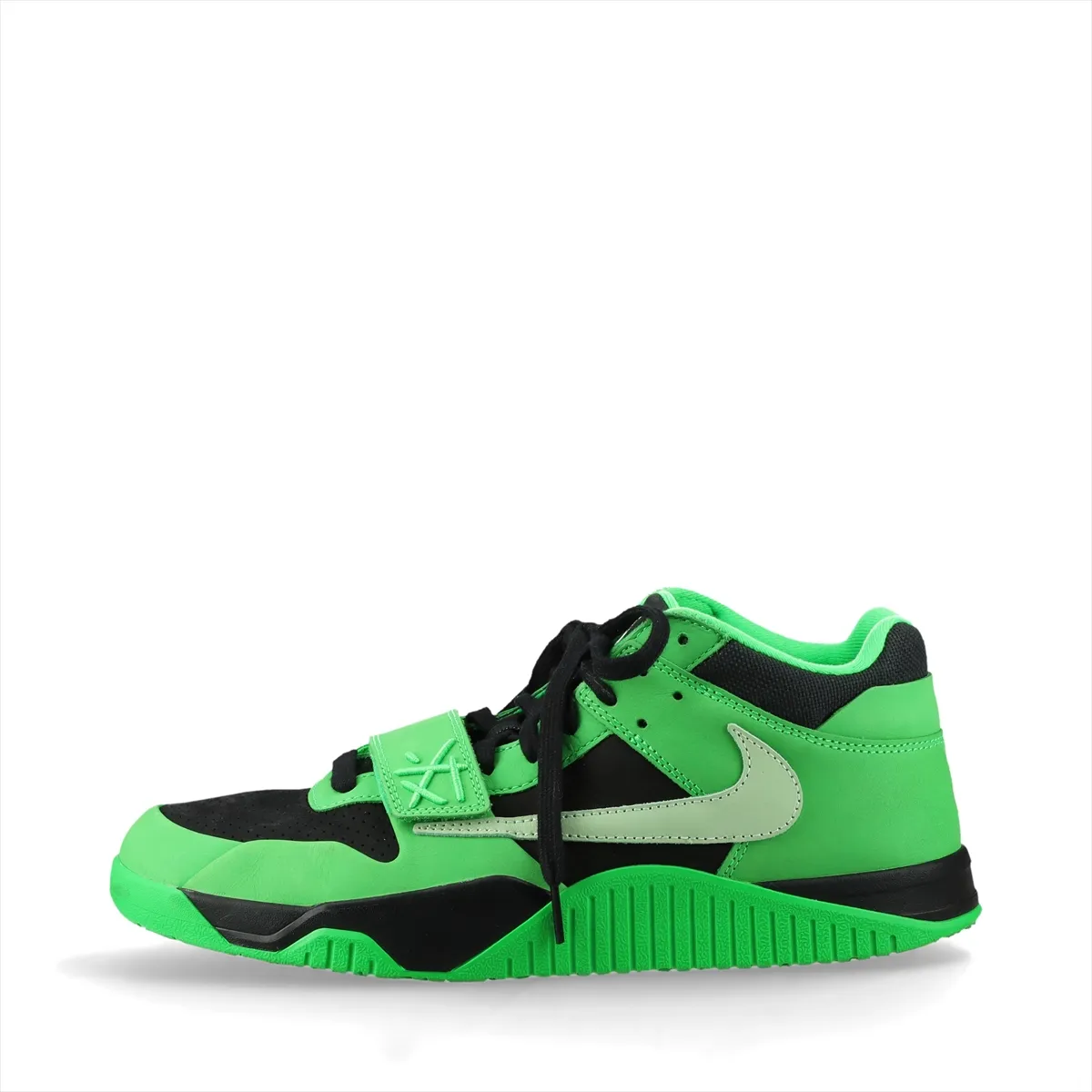 Black and green suede sneakers shown on a plain background.