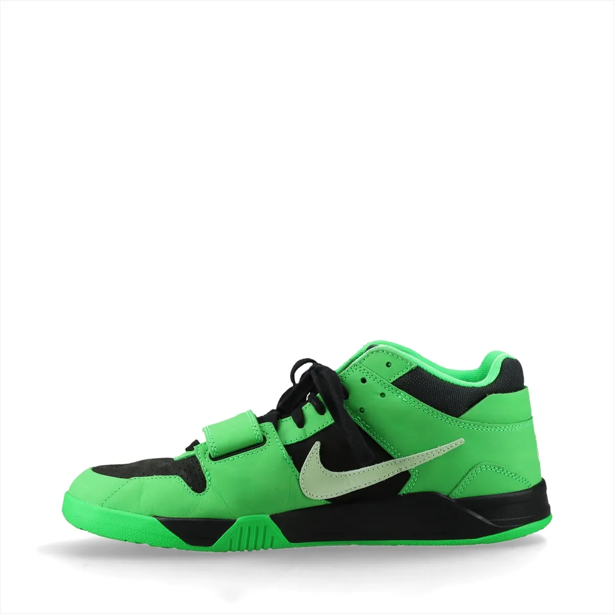Black and green suede sneakers shown on a plain background.