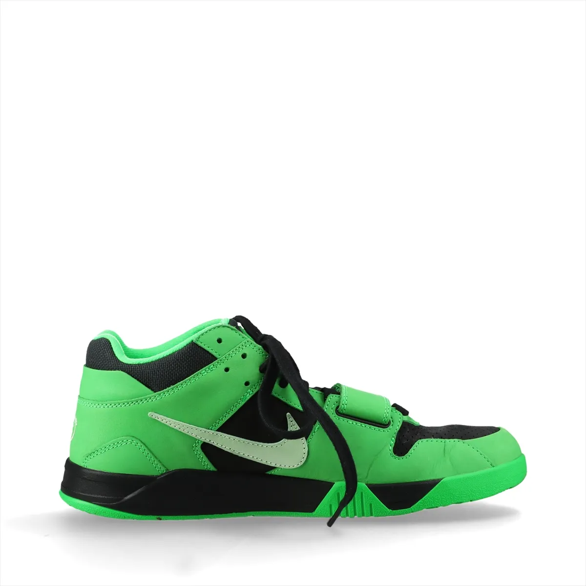 Black and green suede sneakers shown on a plain background.