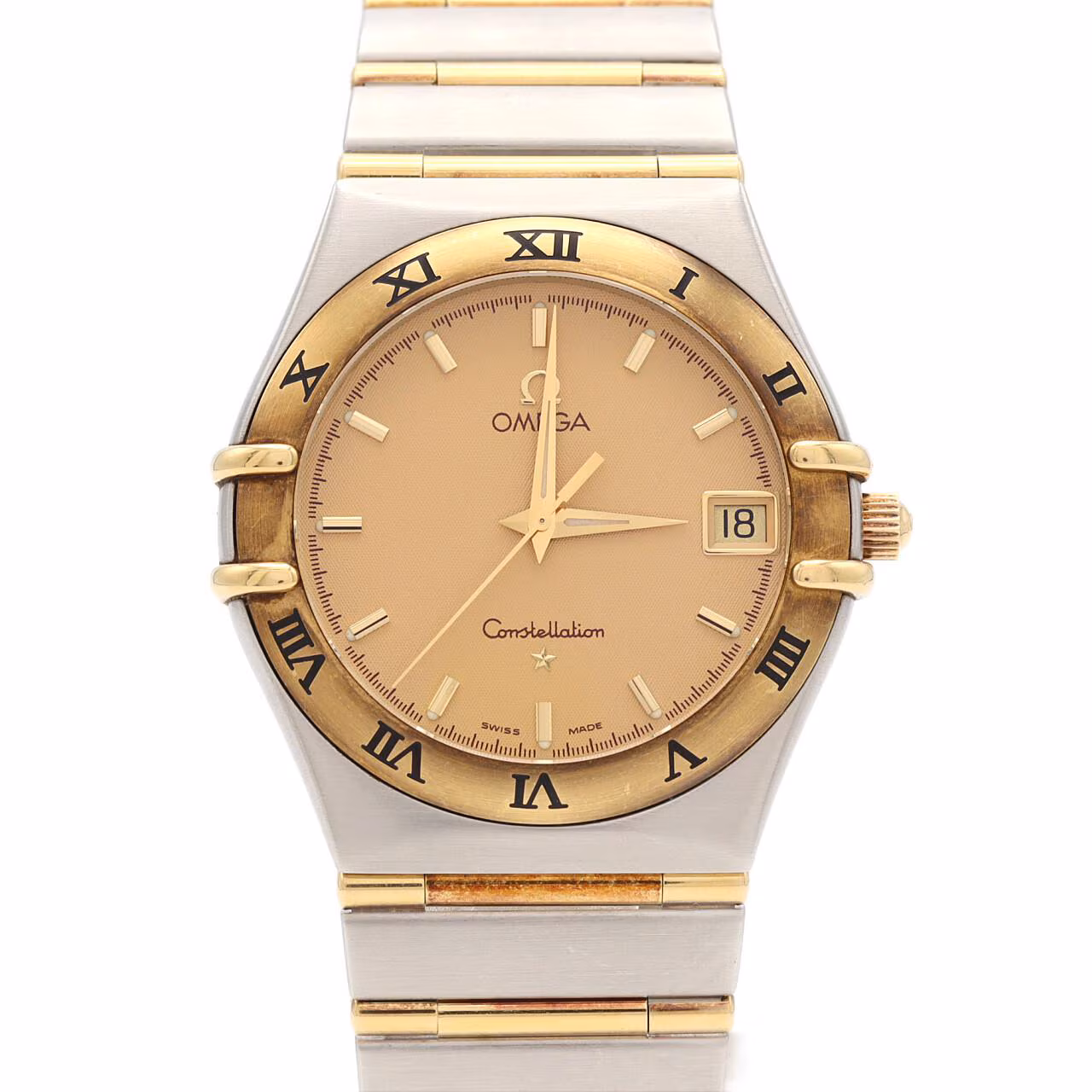 Two-tone silver and gold wristwatch with matching bracelet and a pale dial.