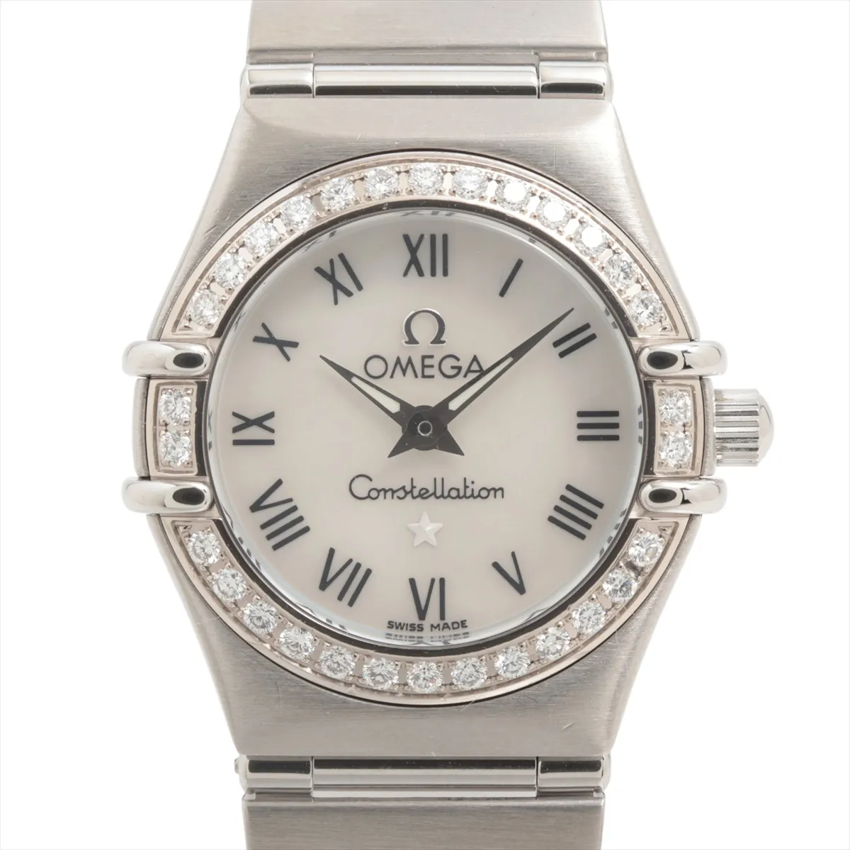 Steel bracelet watch with a pale shell-coloured dial and claw-style bezel detailing.