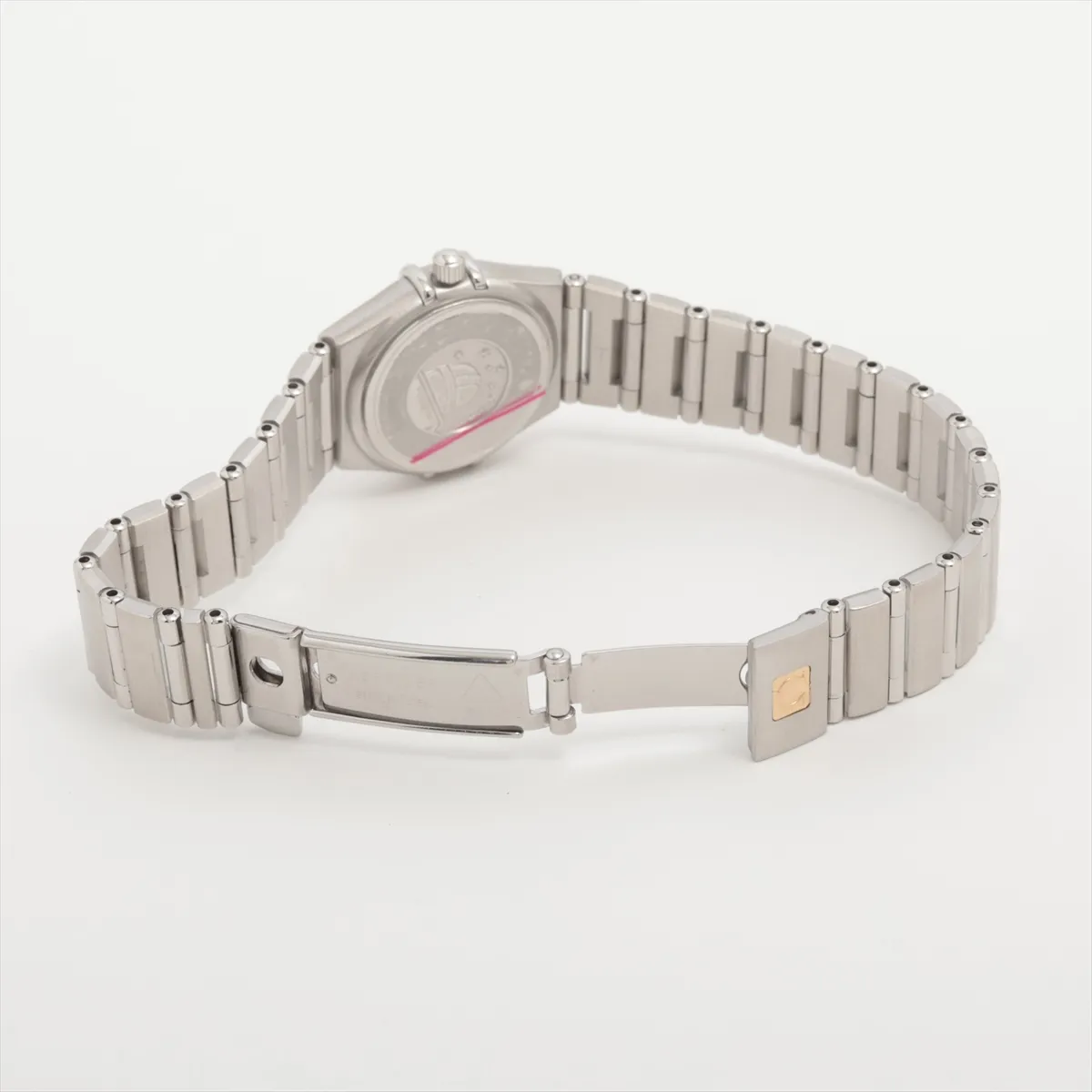 Steel bracelet watch with a pale shell-coloured dial and claw-style bezel detailing.