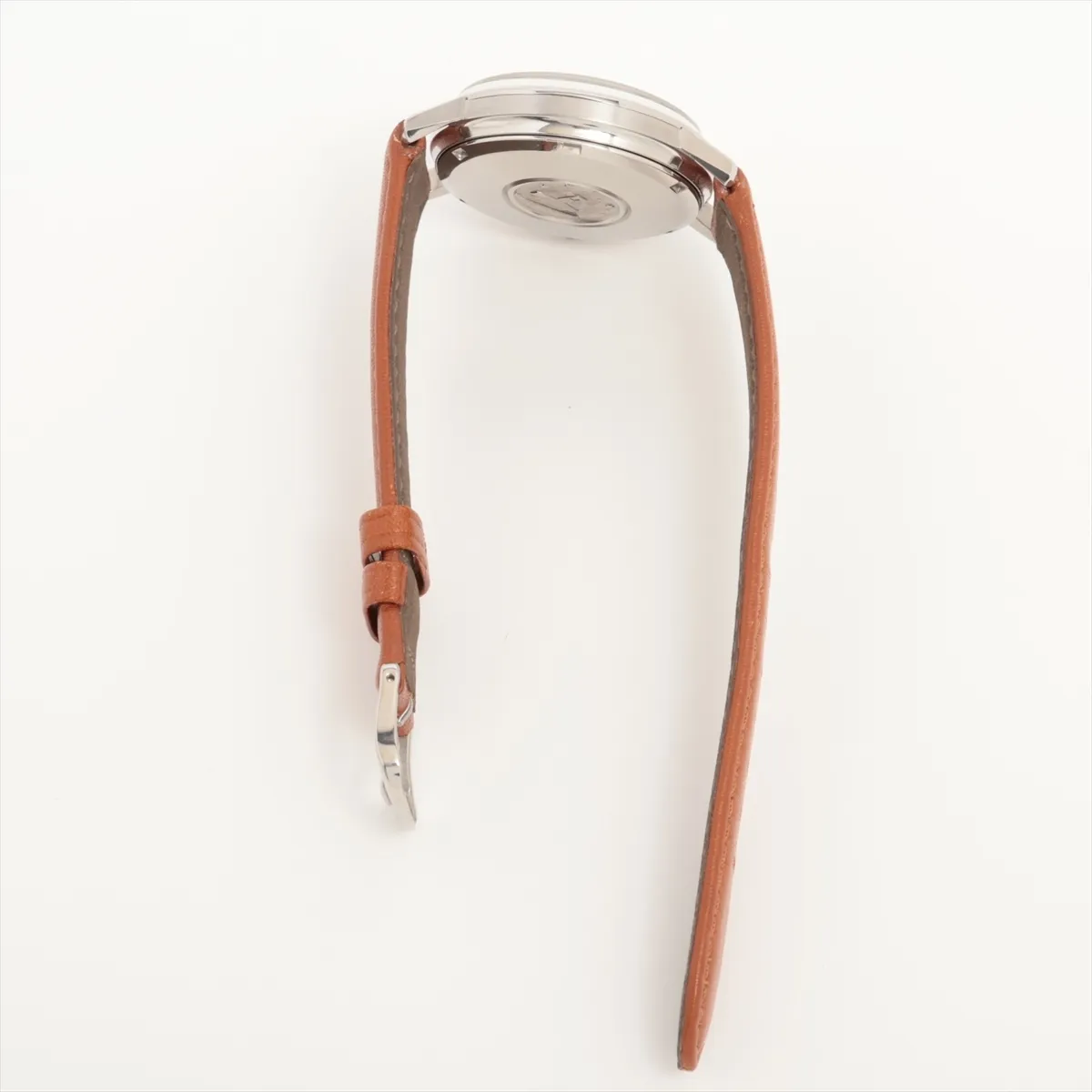 Product photograph of a round silver-dial watch on a dark leather strap.