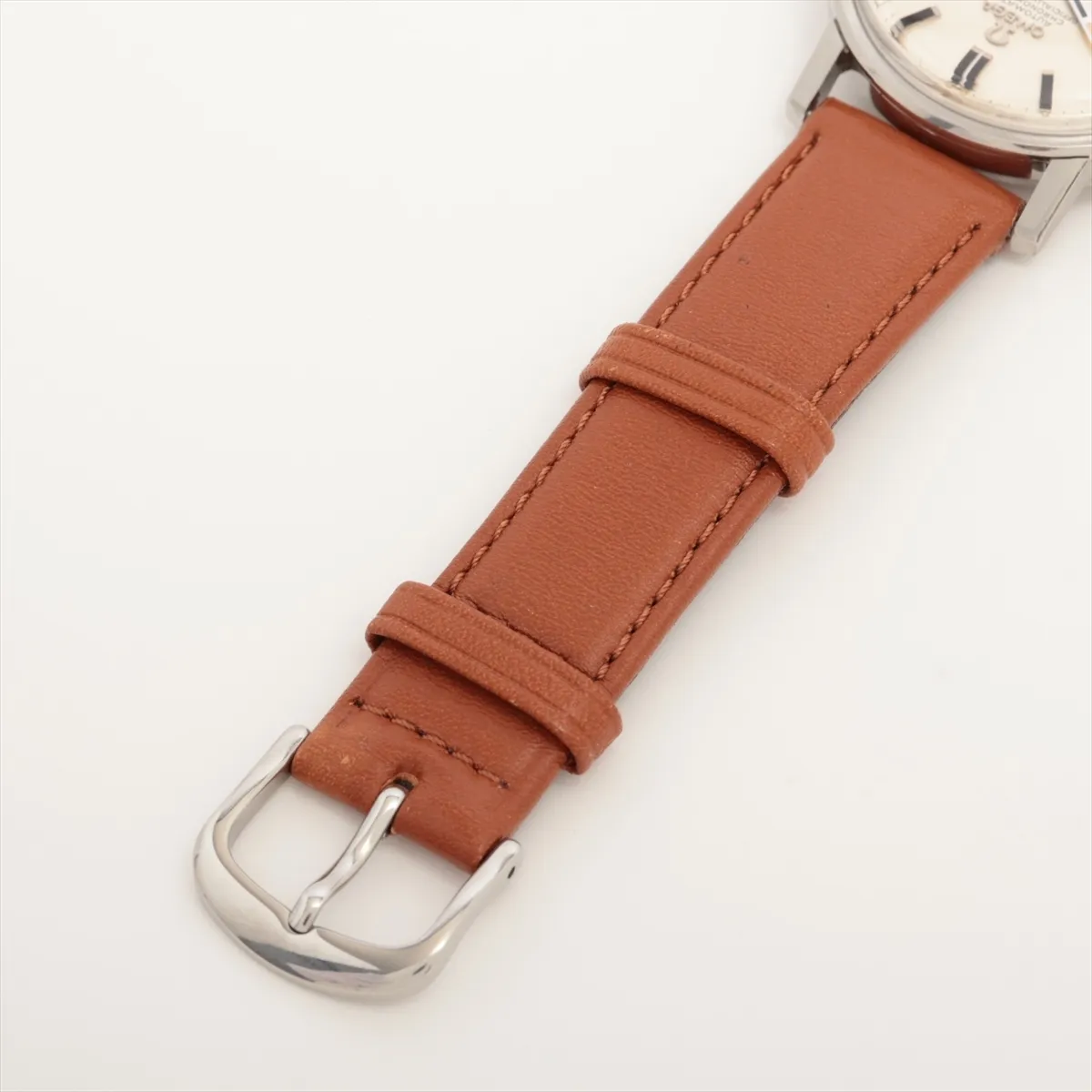 Product photograph of a round silver-dial watch on a dark leather strap.