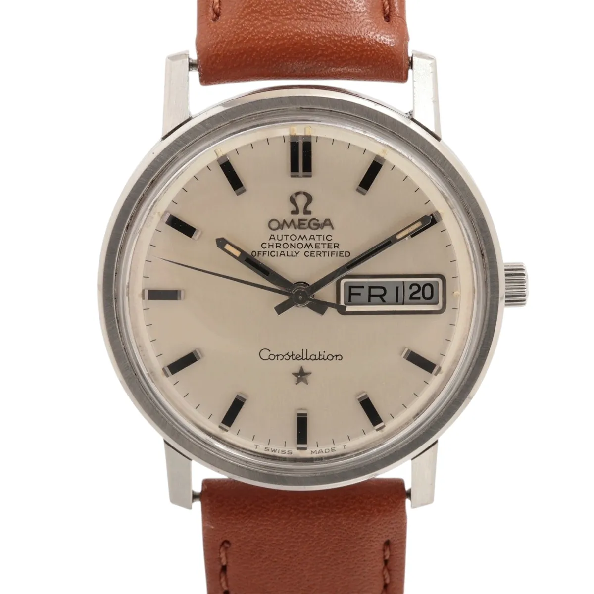 Product photograph of a round silver-dial watch on a dark leather strap.